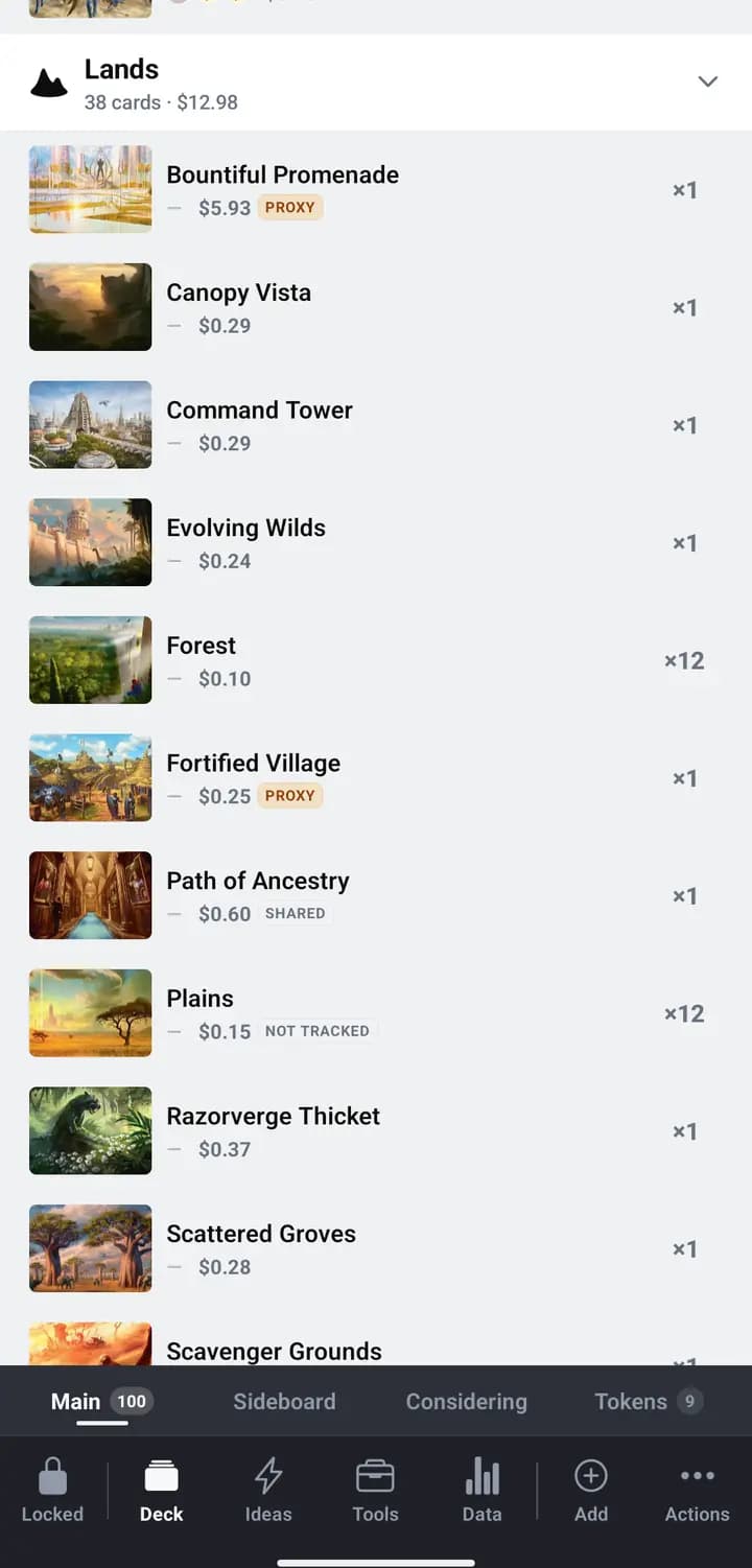 A deck's land section in list view, with PROXY on two cards, SHARED on another and NOT TRACKED on the basic Plains