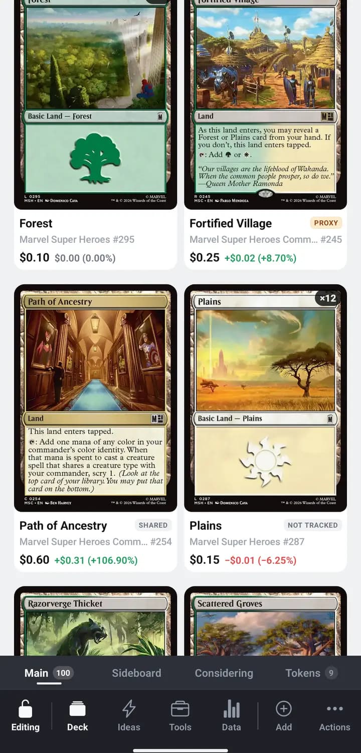 The same deck in Visual and details view, with PROXY, SHARED and NOT TRACKED reading under the card art