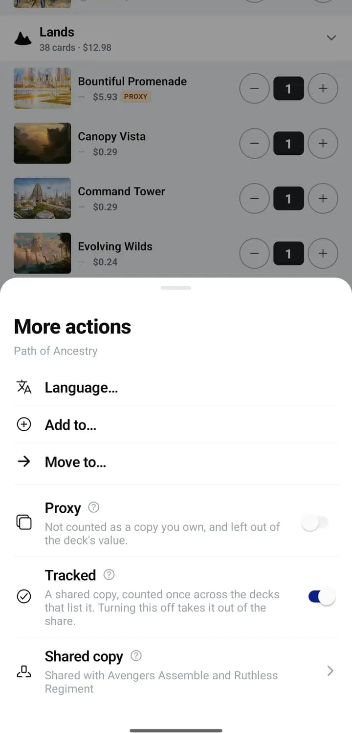 The More actions sheet on a deck card, showing the Proxy, Tracked and Shared copy controls