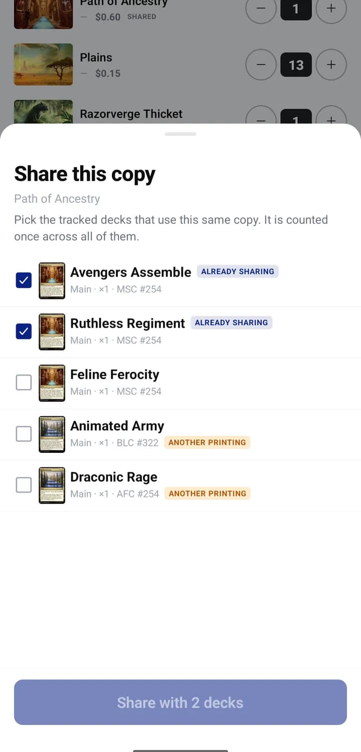 The Share this copy sheet listing another tracked deck that holds the same printing
