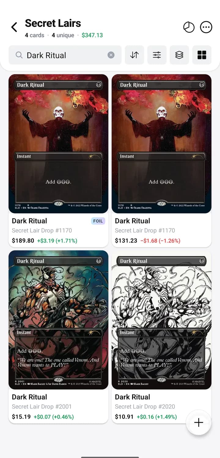 Two tiles of the same Secret Lair printing, one tagged FOIL at a higher price and one without