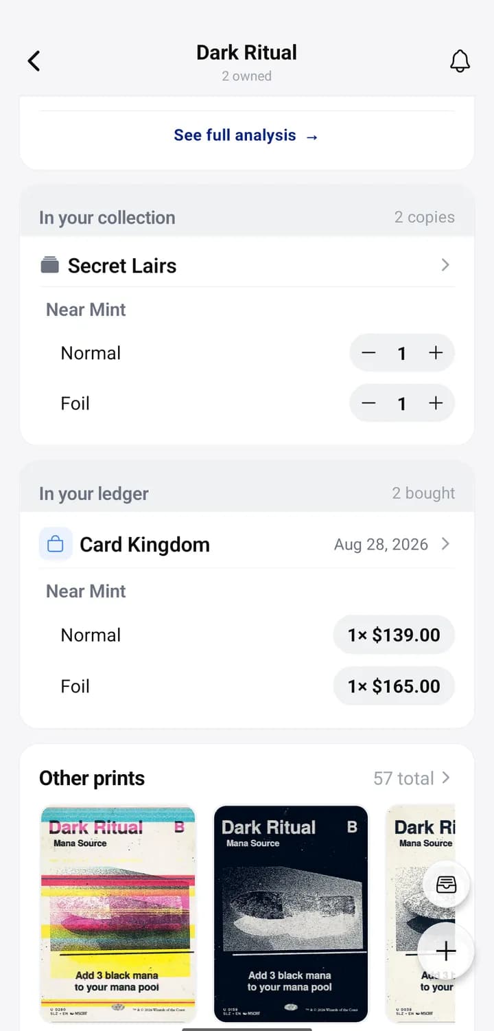 A card screen showing In your collection with one normal and one foil, and below it In your ledger with a purchase of both