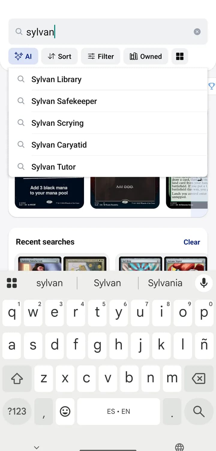 Search suggestions for the word sylvan, with Sylvan Library at the top