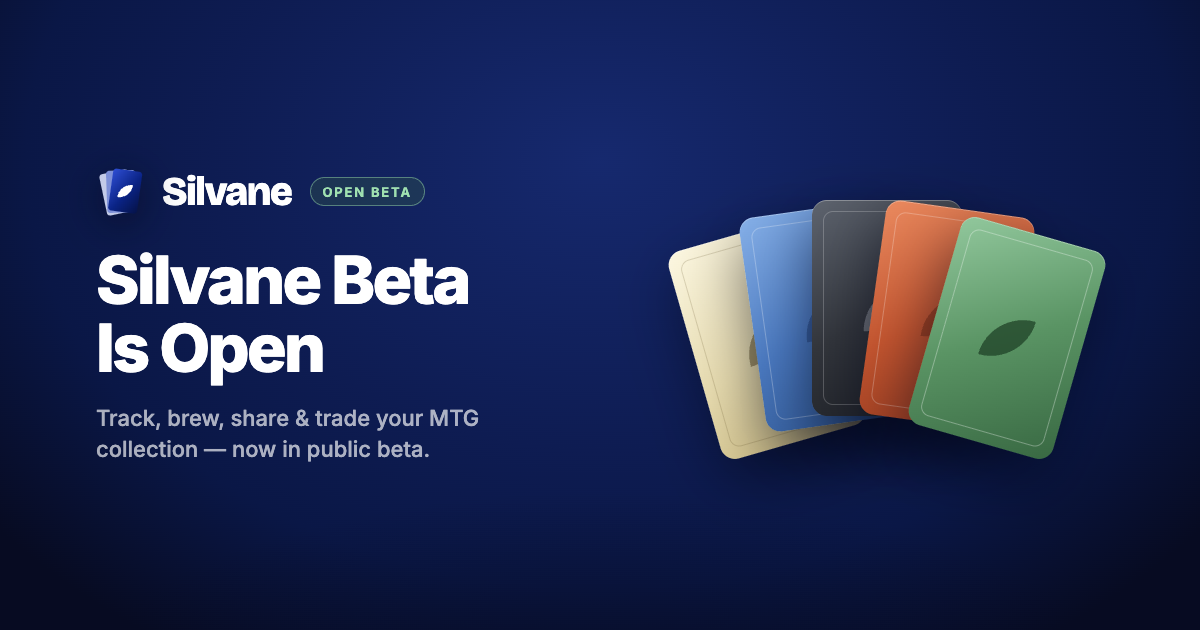 Silvane Beta Is Open: the Silvane logo beside a fanned hand of card backs on a navy background